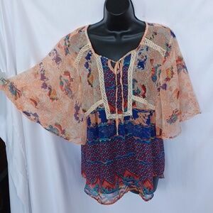 Millenium Sheer Tunic Top Orange Floral, Flutter Sleeve, M, 21" PTP, 28" L